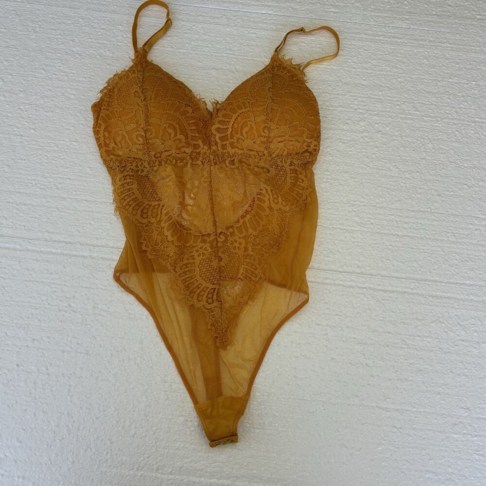 Kathy Mustard Yellow Lace‎ Mesh Bodysuit Lingerie LBS-016 Womens Size S/M